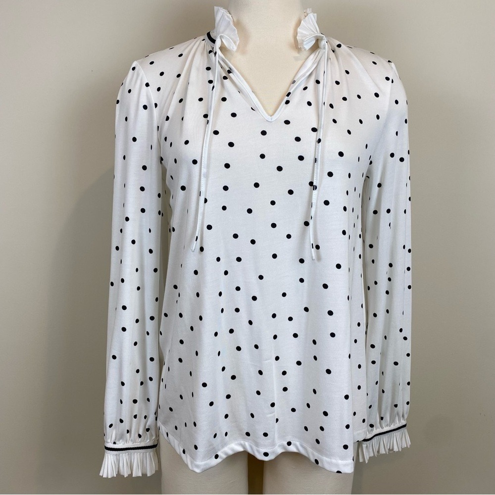 Boden Bronwyn Ruffled Polka Dot Blouse Top Black White Size 6 Jersey Knit‎ Soft
